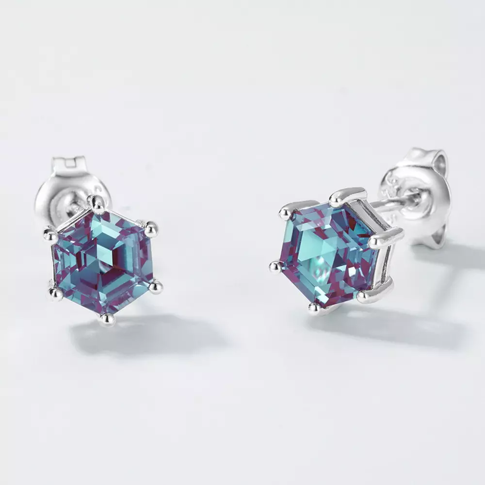 Cultured Alexandrite Stud Earrings in S925 Silver with Double Color Diamonds