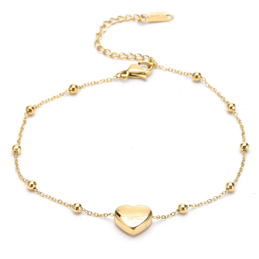 Gold Titanium Steel Simple Bead Chain Love Peach Heart Anklet