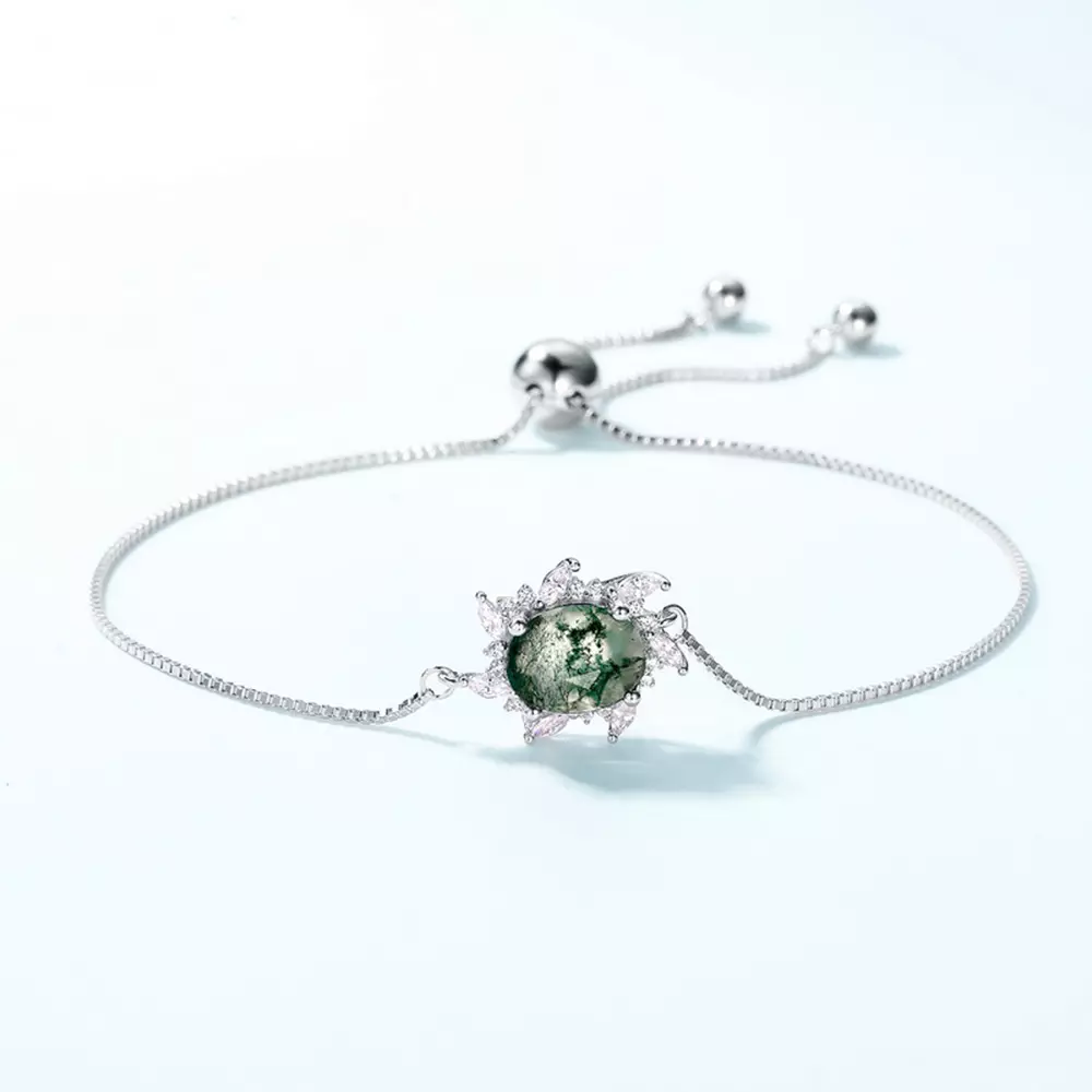 S925 Silver Green Moss Stone Aqua Agate Bracelet