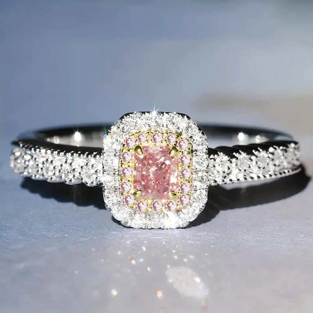 Princess Square Diamond Two Color Gold Plated Pink Diamond Ring