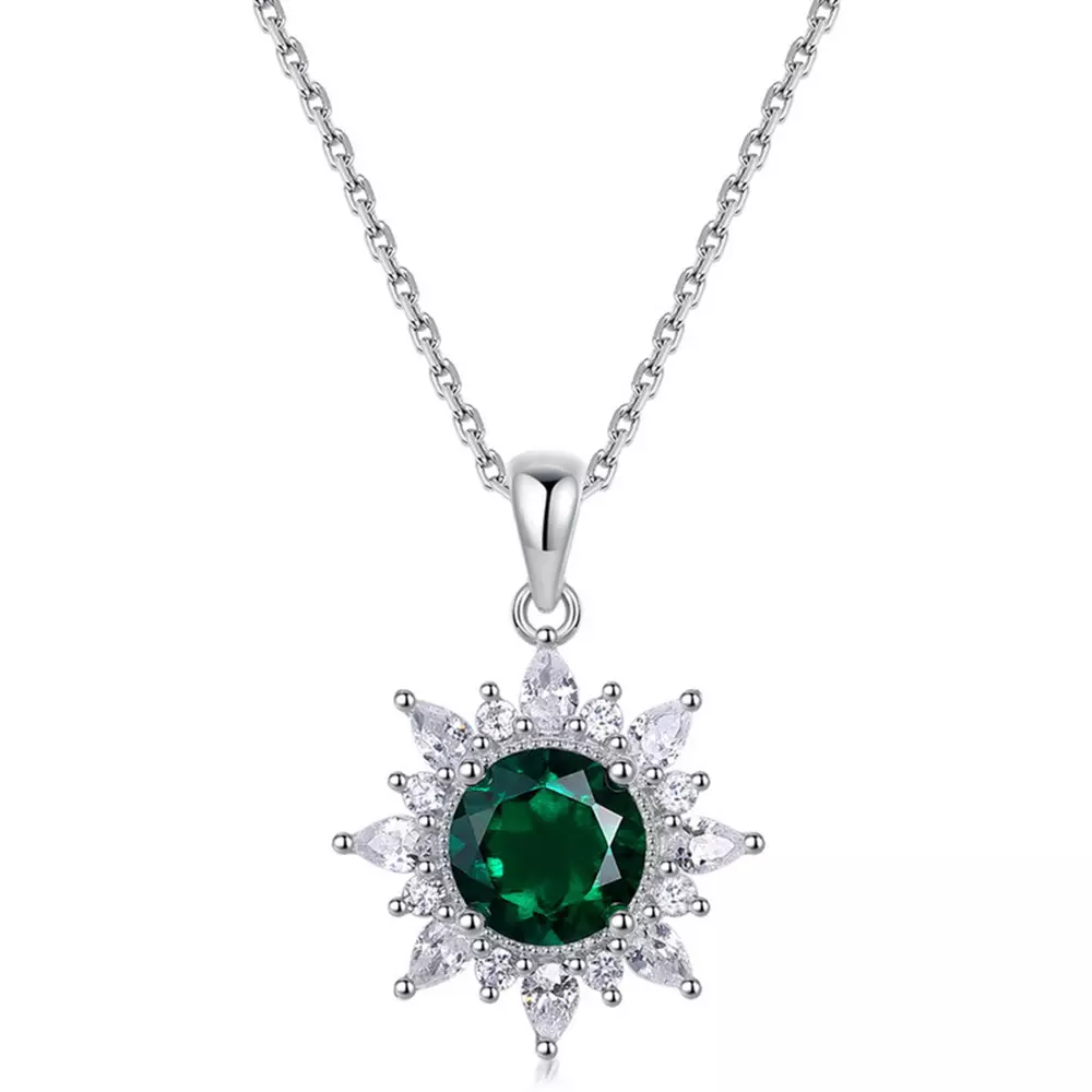 Cultured Emerald Sunflower Pendant Necklace in S925 Silver
