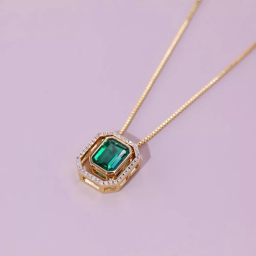 S925 Silver Geometric Cultured Emerald Simple Double Pendant Necklace