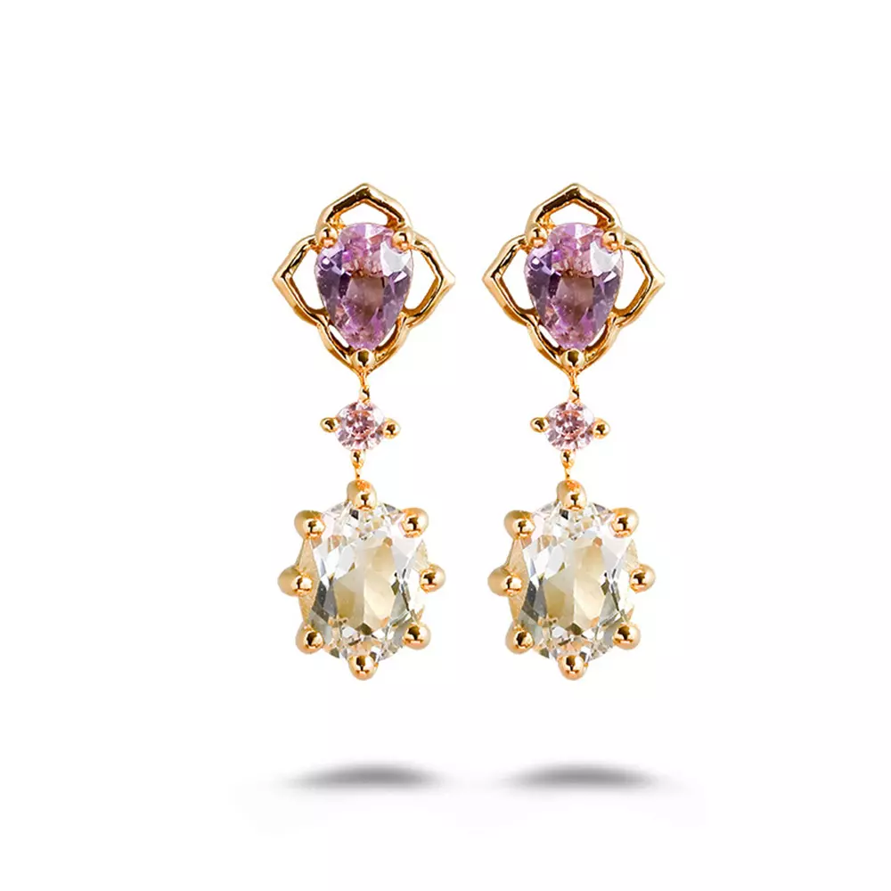 S925 Sterling Silver Plated 14K Gold Amethyst White Pink Zirconium Earrings