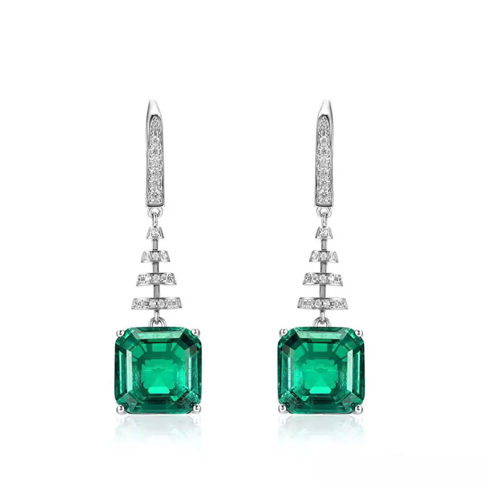 925 Sterling Silver Crackled Emerald Square Diamond Earrings