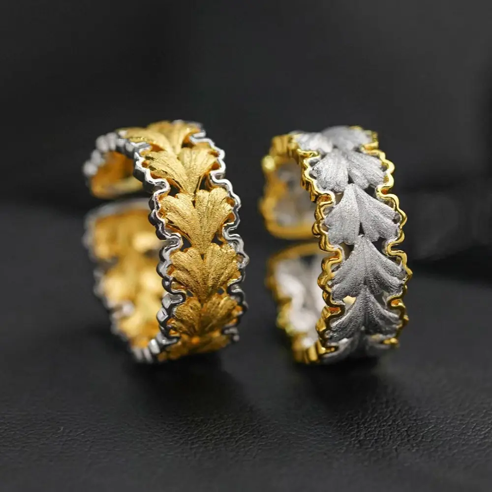 Brushed and engraved gold crafted gingko leaf openwork index finger ring