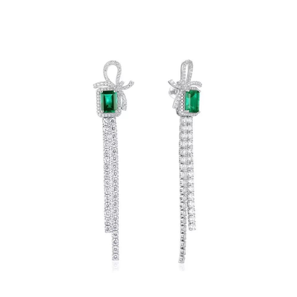 Cultivated Emerald Bow Earrings in S925 Silver with Diamonds