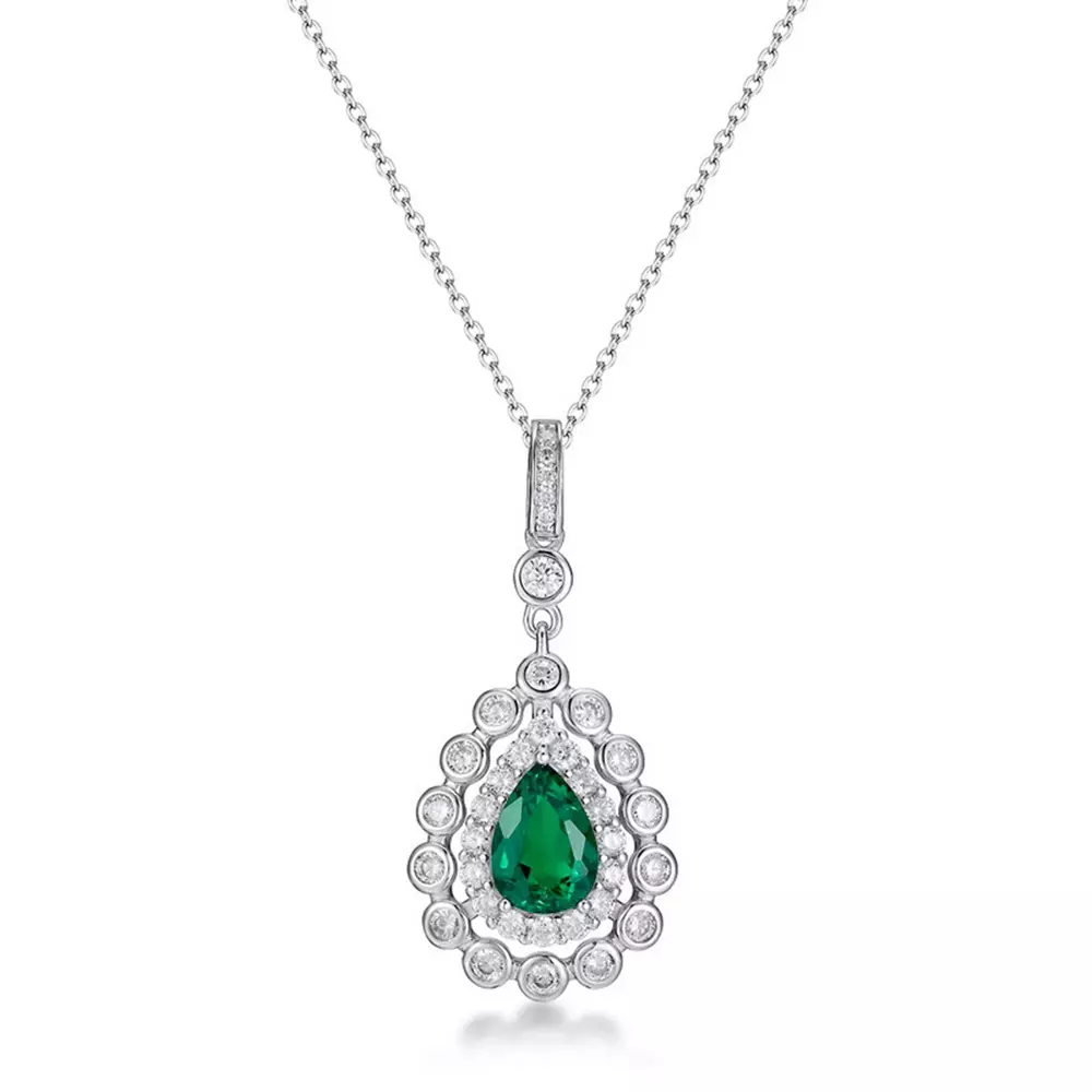S925 Sterling Silver Cultured Emerald Teardrop Pendant Necklace