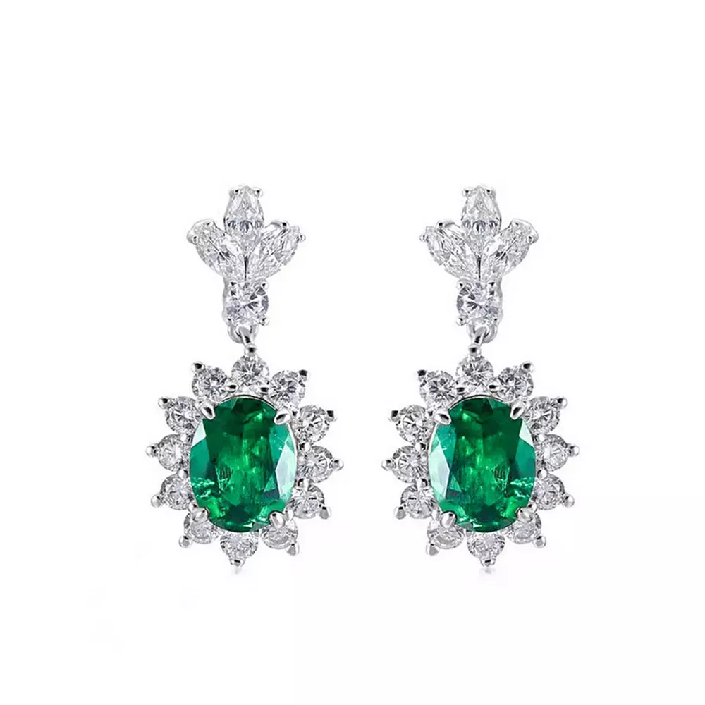 S925 Silver Cultured Emerald Sunflower Drop Earrings Earrings