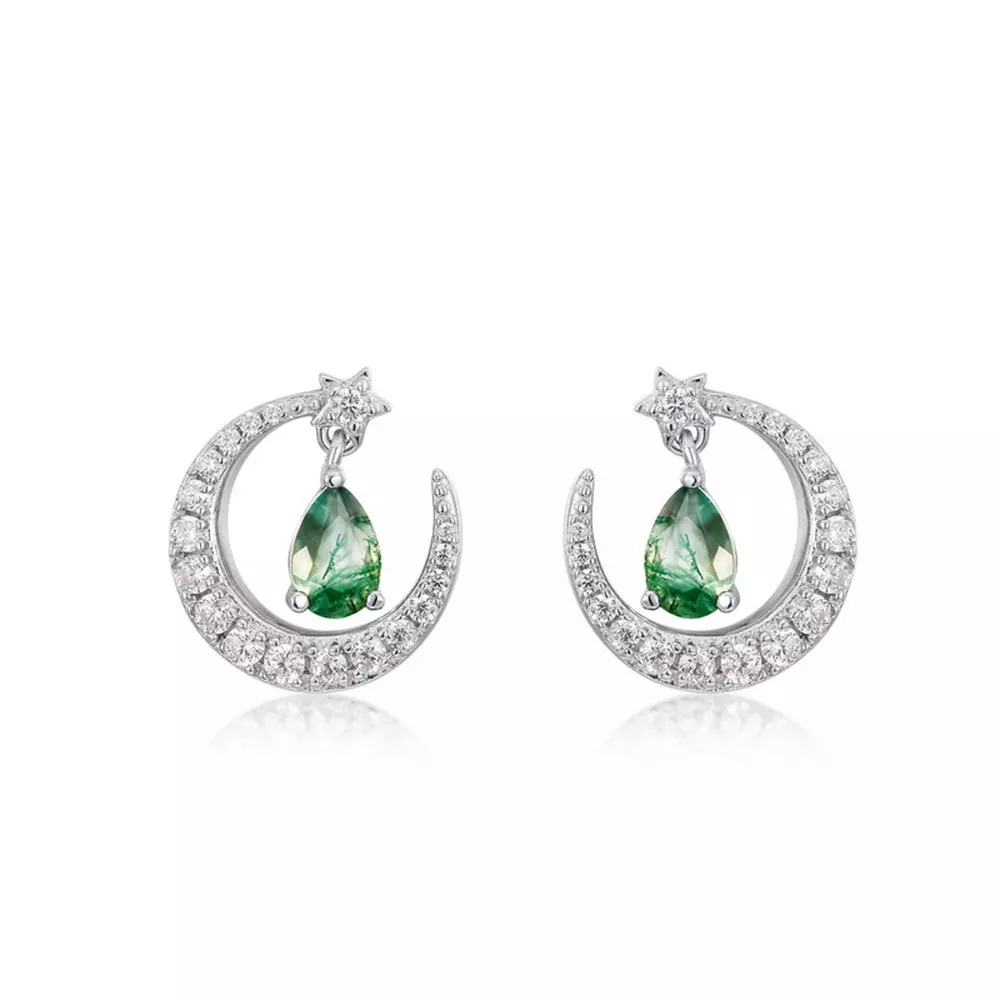 S925 Sterling Silver Full Diamond Aqua Agate Moon Green Moss Stone Earrings