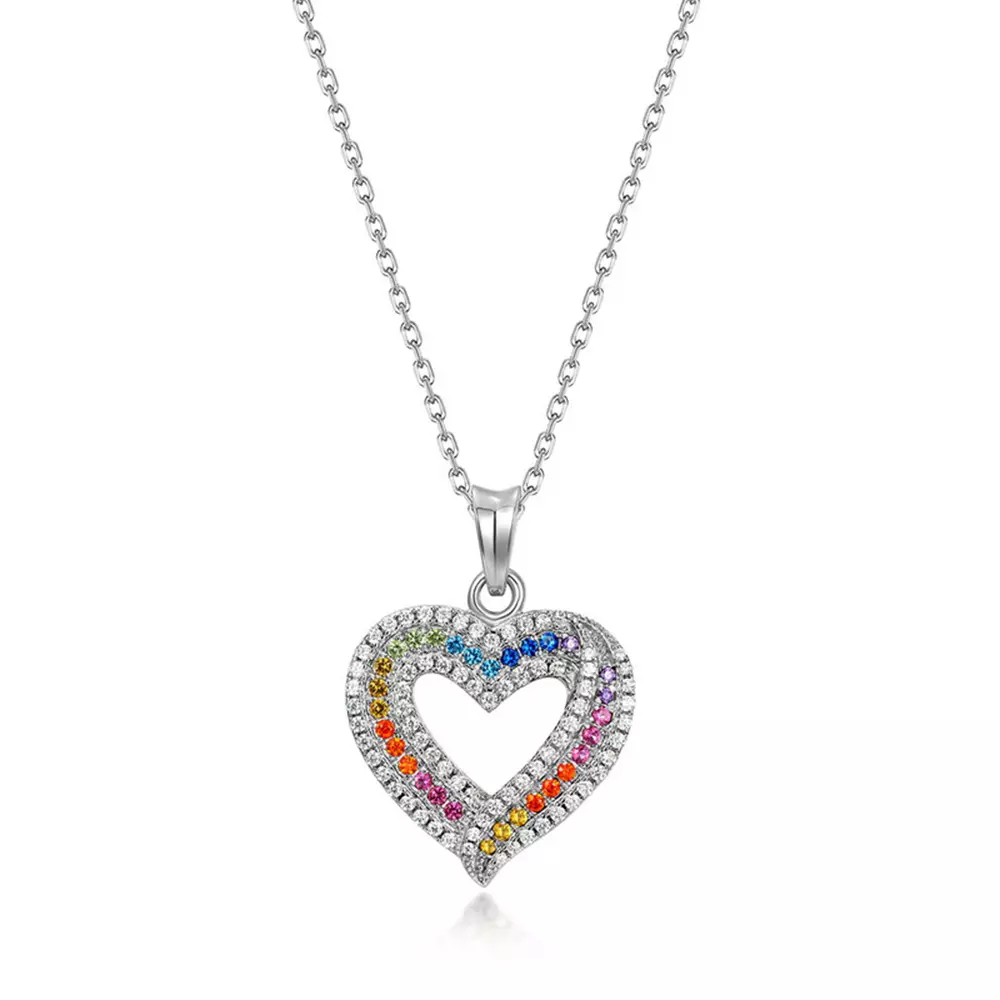 S925 silver full color gemstone heart rainbow zirconia pendant necklace