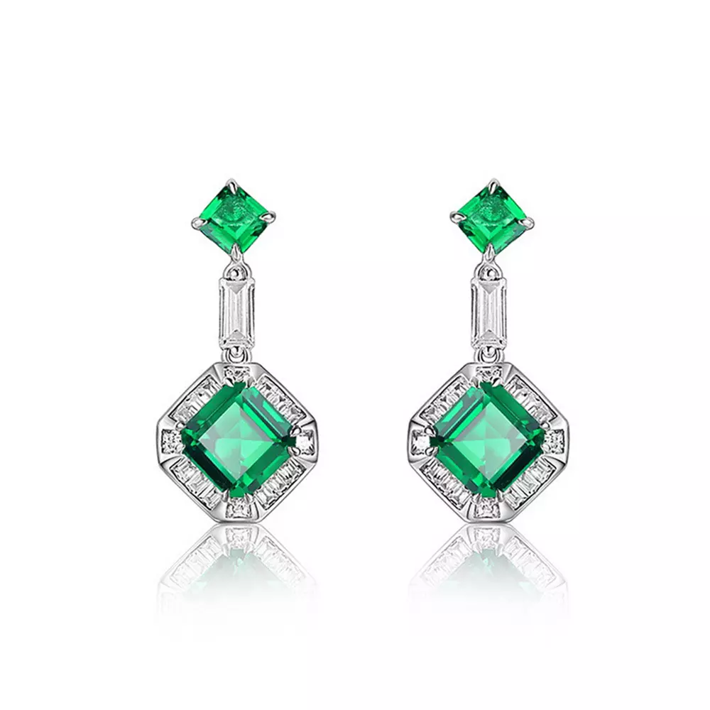 Cultured Emerald Drop Earrings in S925 Silver with Square Stones