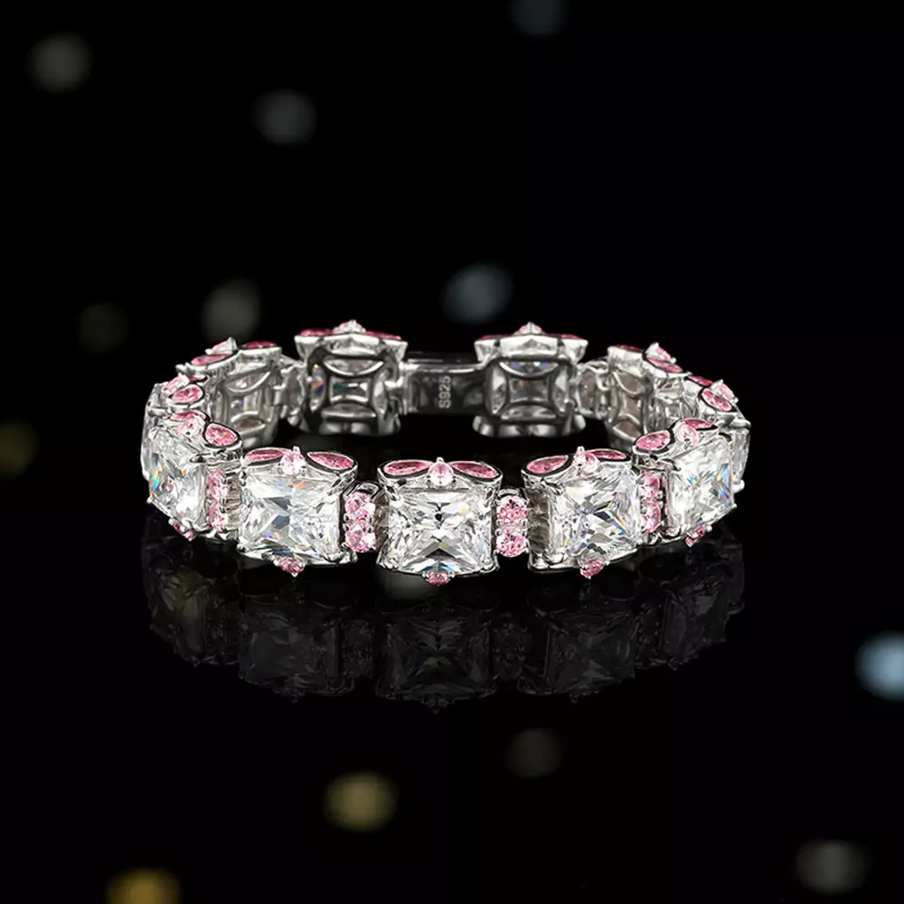 S925 Sterling Silver Ice Candy Cherry Blossom Pink Full Diamonds Bracelet