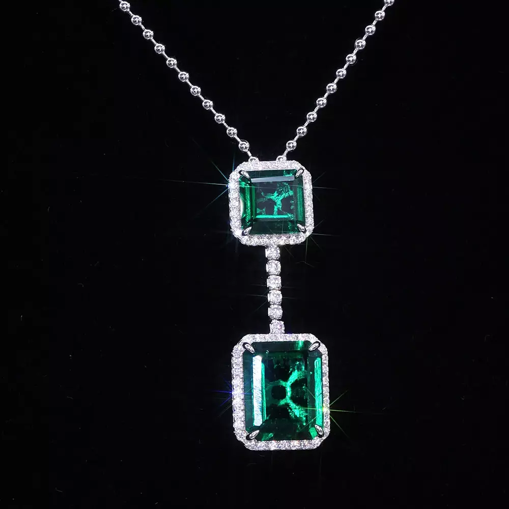 S925 Silver Full Set Cultured Colored Emerald Pendant Necklace
