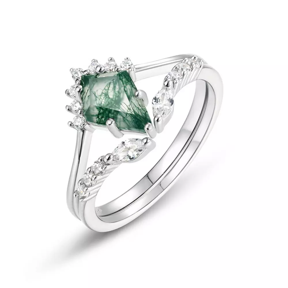 S925 silver with aqua agate natural green moss stone stacking ring