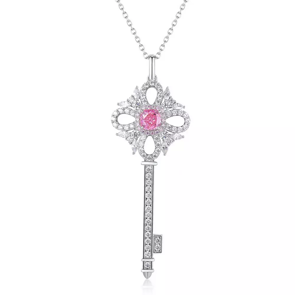 S925 Silver High Carbon Diamond Round Key Pendant Necklace
