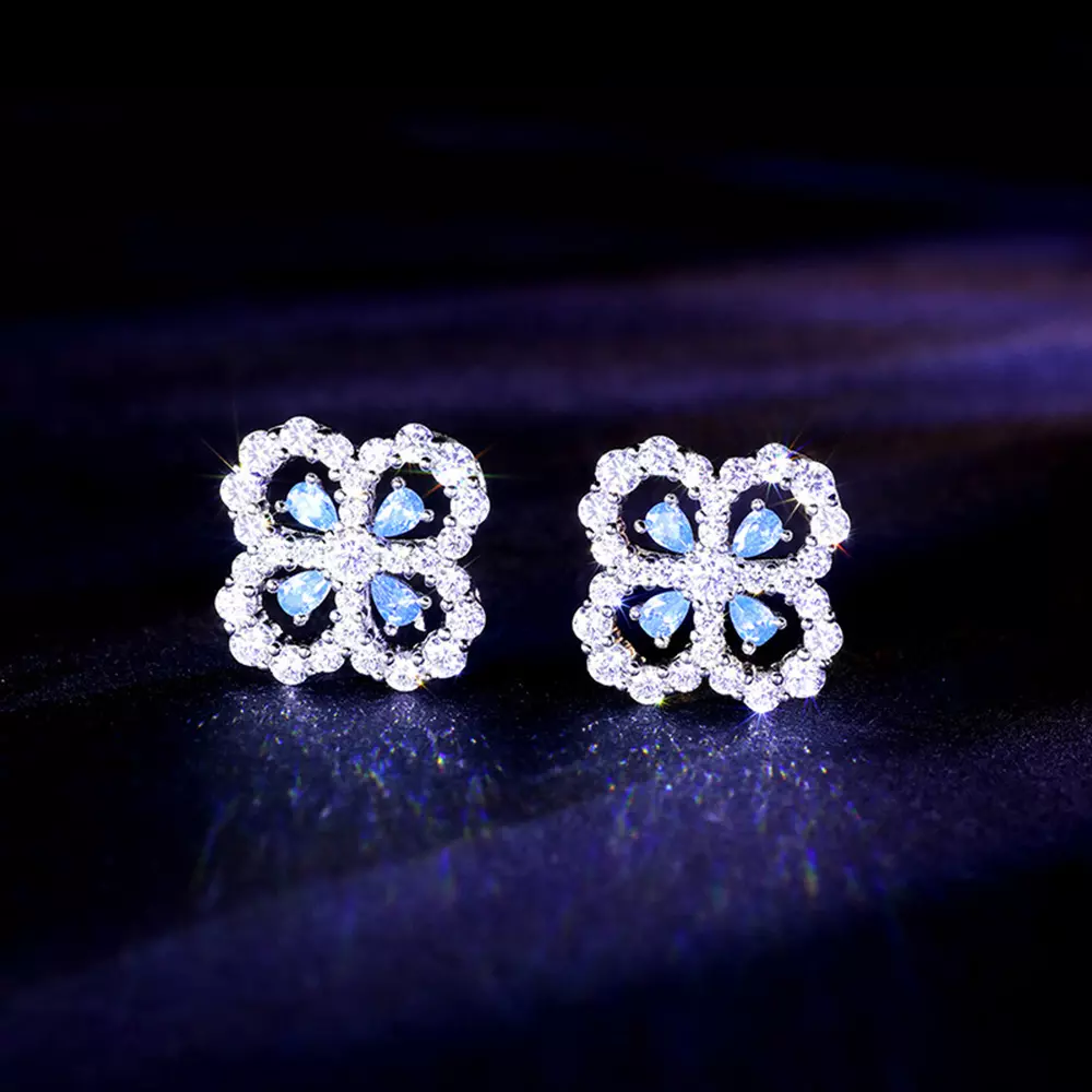 S925 Sterling Silver Lucky Clover Full Set Diamond Stud Earrings