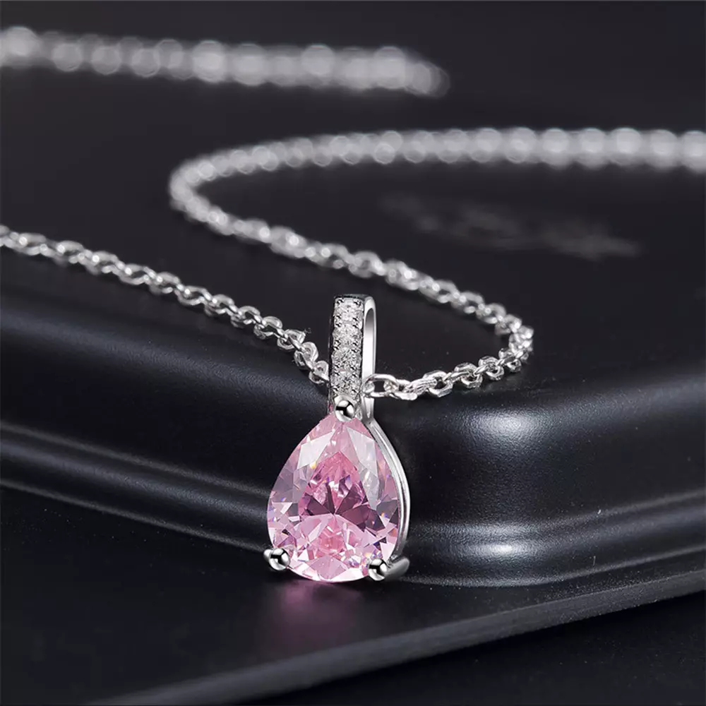 S925 Sterling Silver Pendant Pink Crystal Set Necklace
