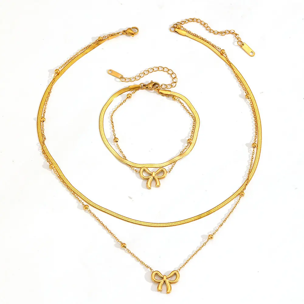 Stainless Steel Ribbon Clip Bead Plated 18K Clip Bead Blade Necklace Anklet Set