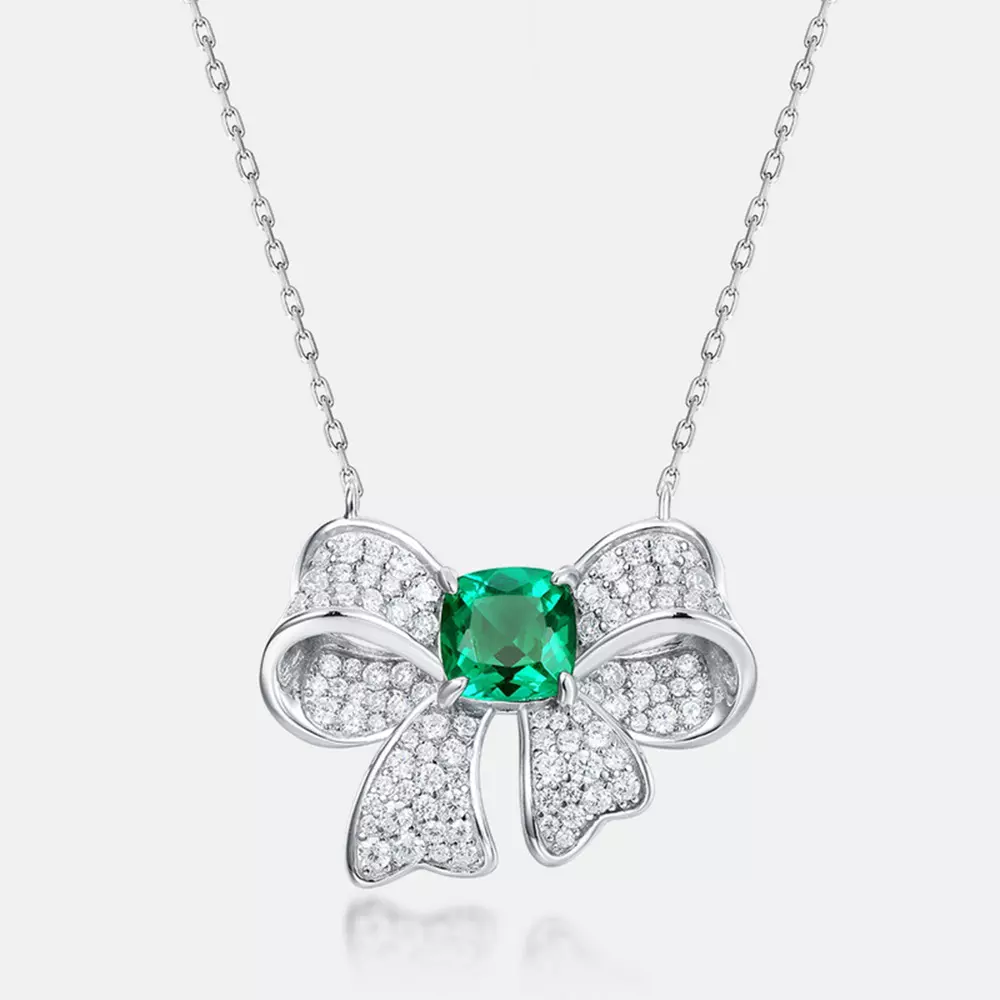 S925 Sterling Silver Butterfly Fancy Cultured Emerald Necklace