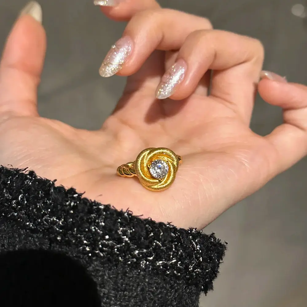 Brushed Rose Pendant Gold Plated and Diamond Ring Set