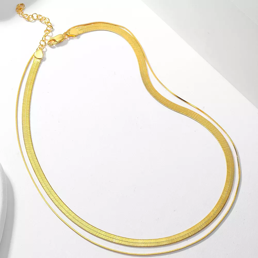 S925 Silver Double Layers Flat Snake Chain Snake Bone Lock Bone Necklace