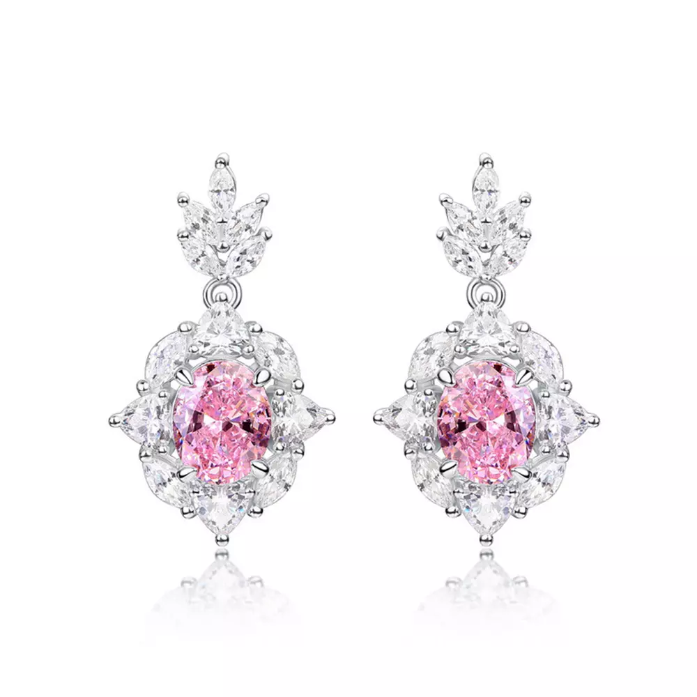 S925 Silver Pink High Carbon Diamond Ice Flower Cut Drop Earrings