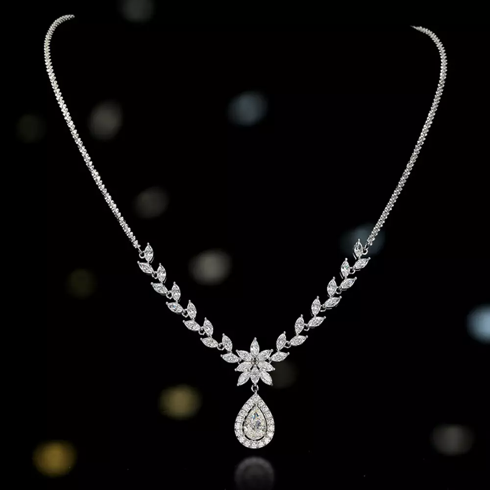 S925 Sterling Silver Diamond Chain Pendant Necklace with Water Drops