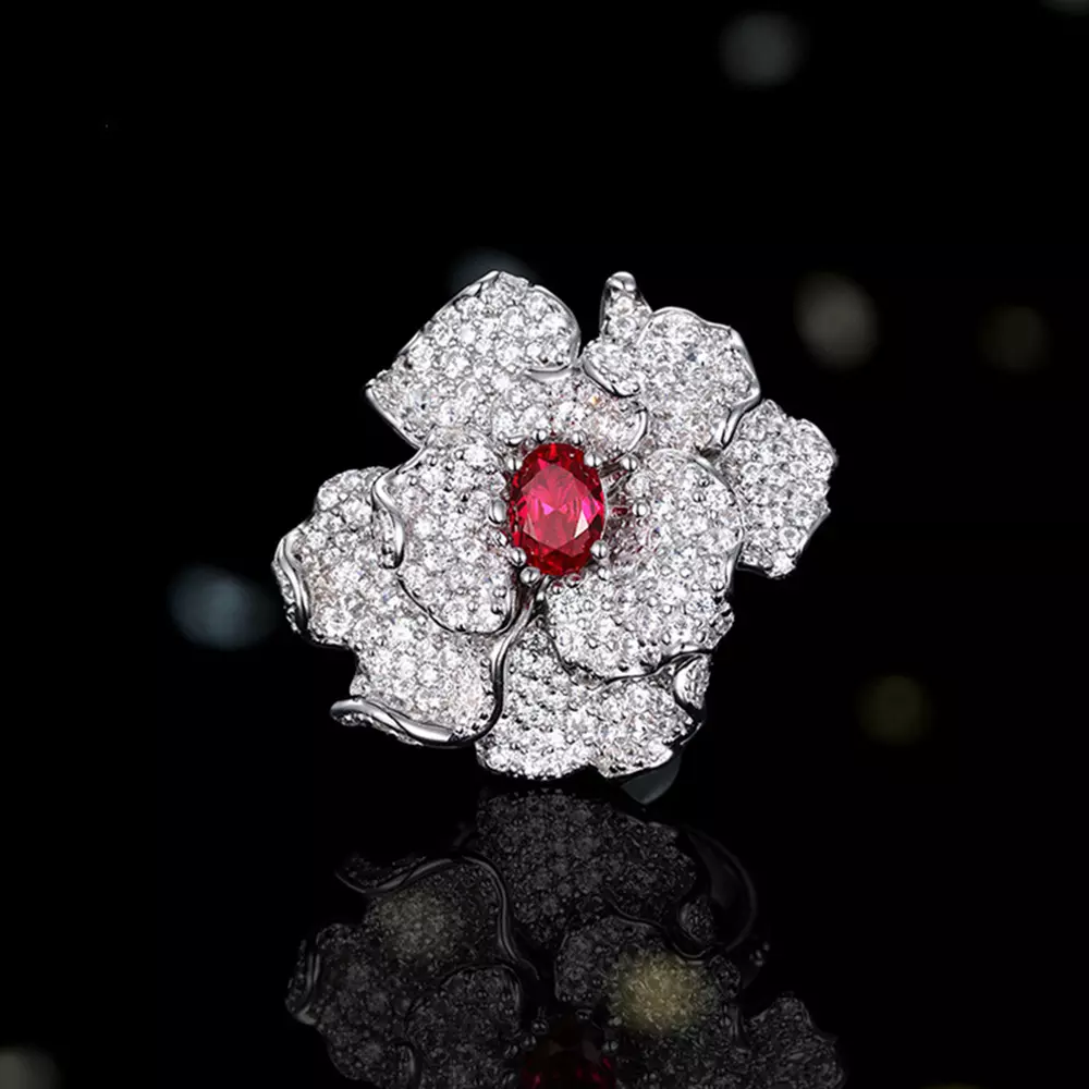 S925 sterling silver luxury high sense ruby flower fashion temperament ring finger ring jewelry