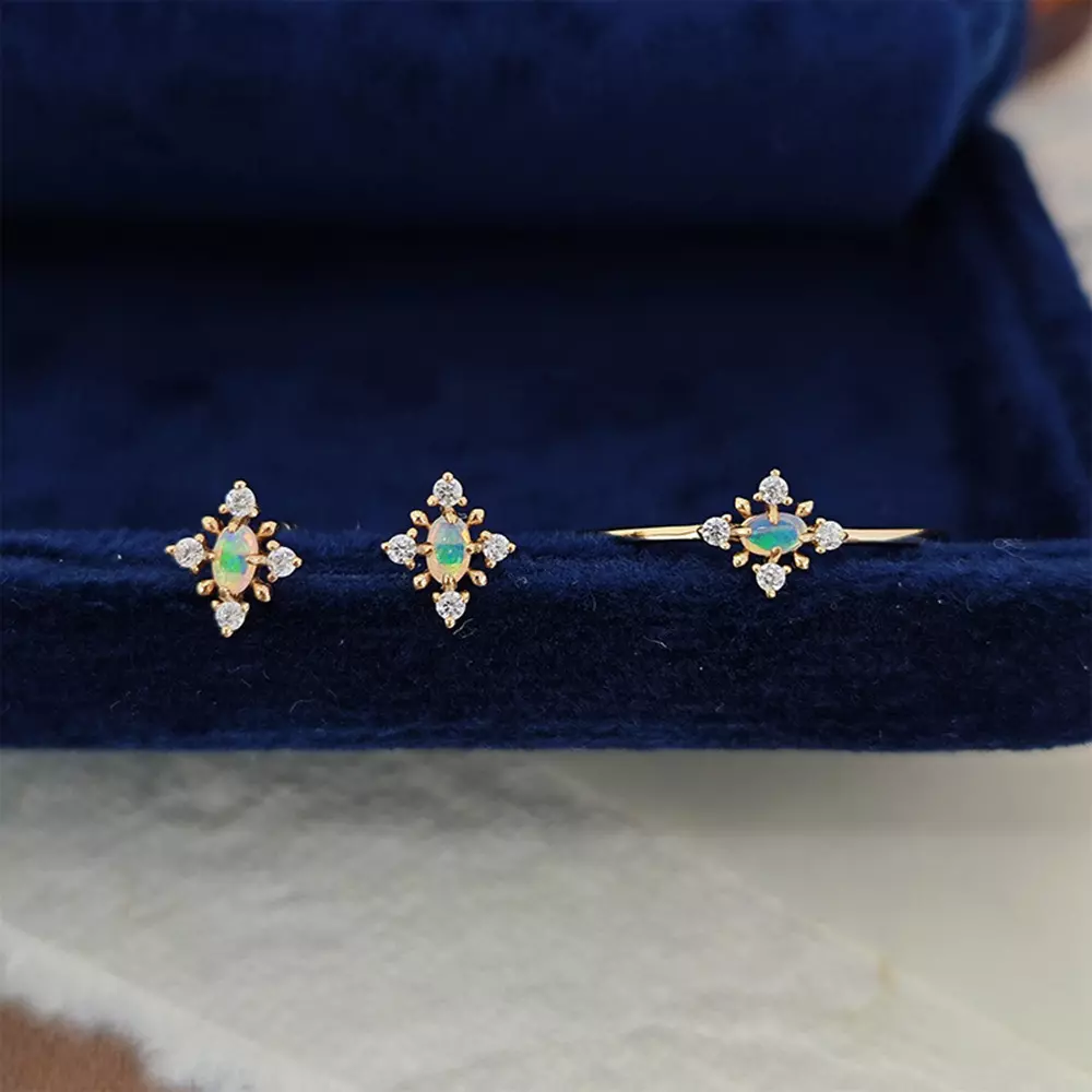 925 Silver Natural Opal Snowflake Ring and Earrings Set