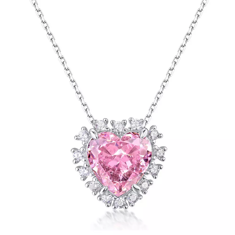 S925 Silver Jewelry Pink Heart High Carbon Diamond Pendant Necklace