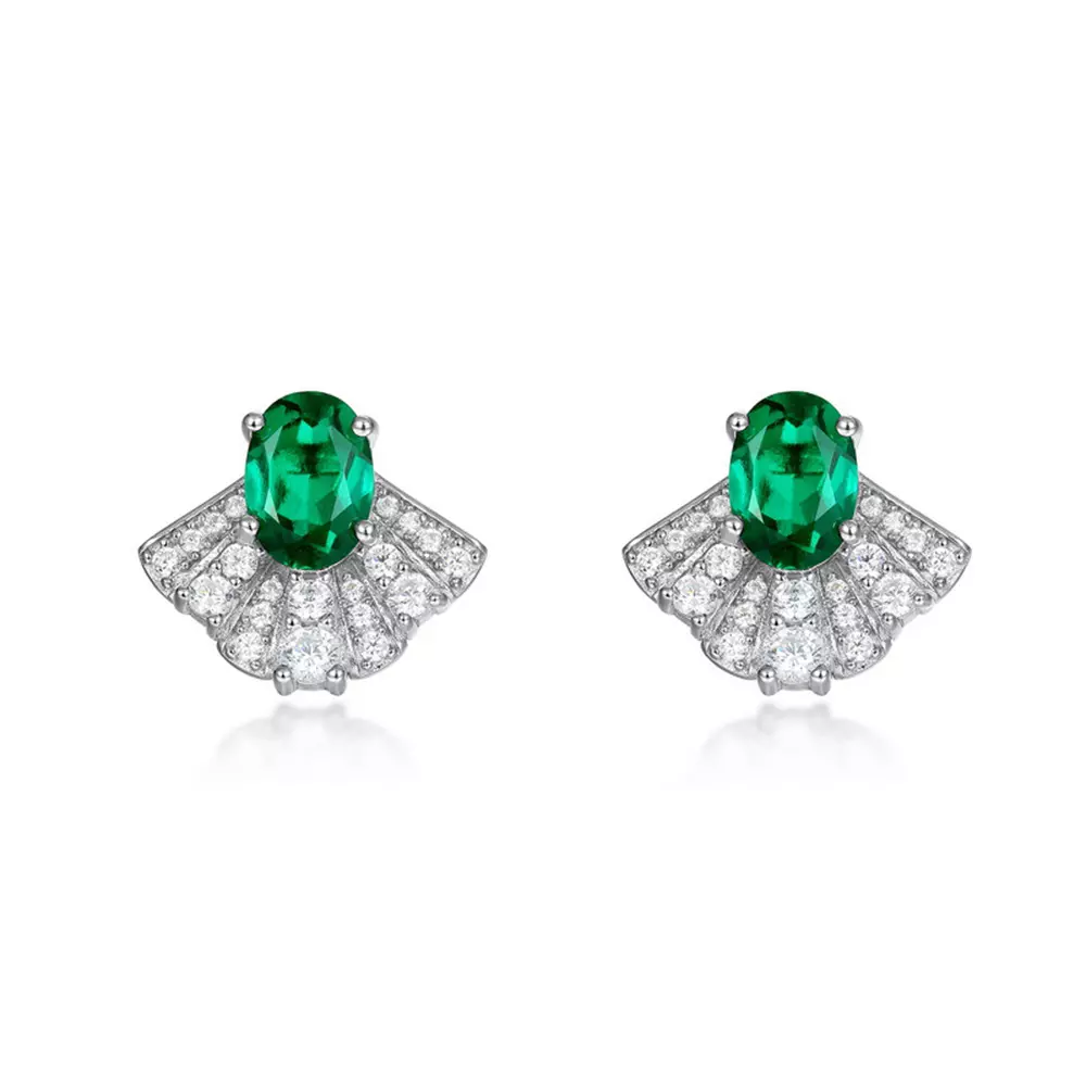 S925 Silver with Colored Jeweled Scalloped Cultured Emerald Stud Earrings