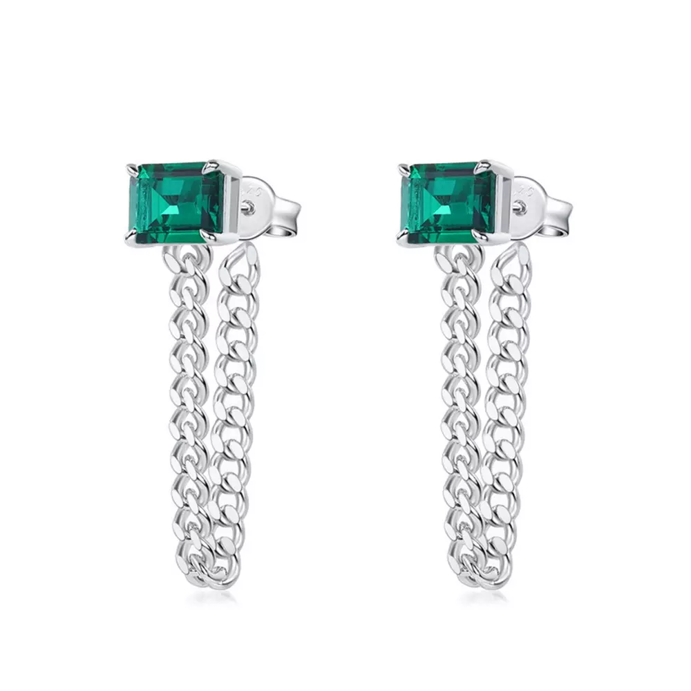 S925 Silver with Cultured Colored Treasure Tassel Cultured Emerald Earrings