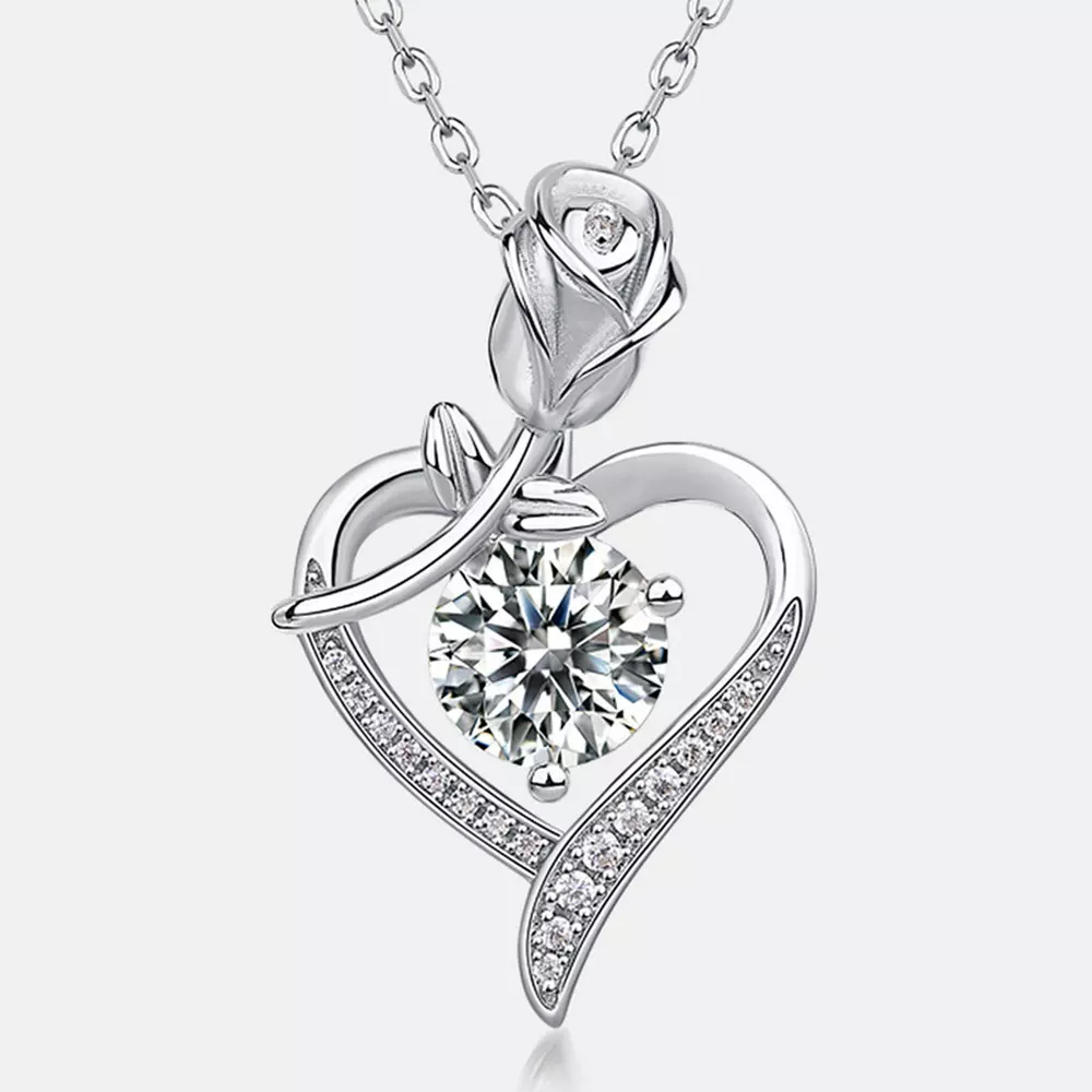 S925 Sterling Silver Rose on Heart Moissan Diamond Pendant Necklace