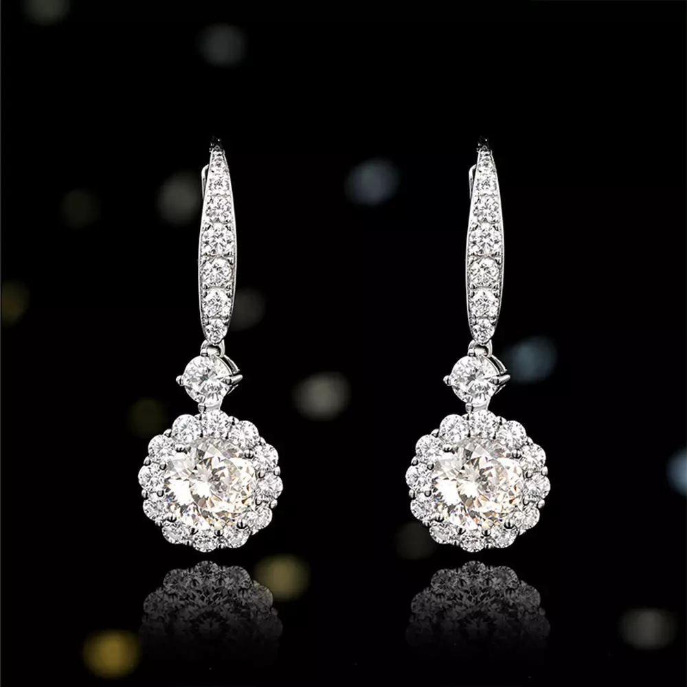 S925 Sterling Silver Round Diamond Flower Drop Earrings