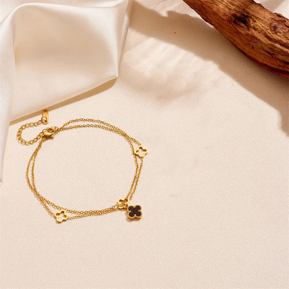 Stainless Steel Four Leaf Clover Hollow Out Pendant Women's Anklet