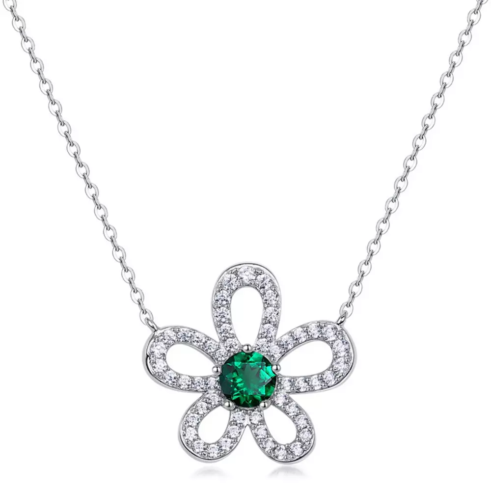 Flower Emerald Necklace in S925 Silver with Cultured Colored Jewels