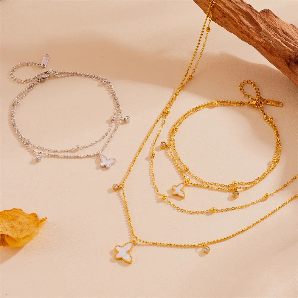 No color loss titanium steel butterfly with diamond clip beads necklace bracelet anklet set