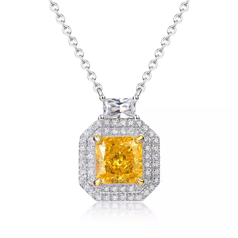 S925 Sterling Silver Ice Flower Cut Square Yellow Diamond Necklace