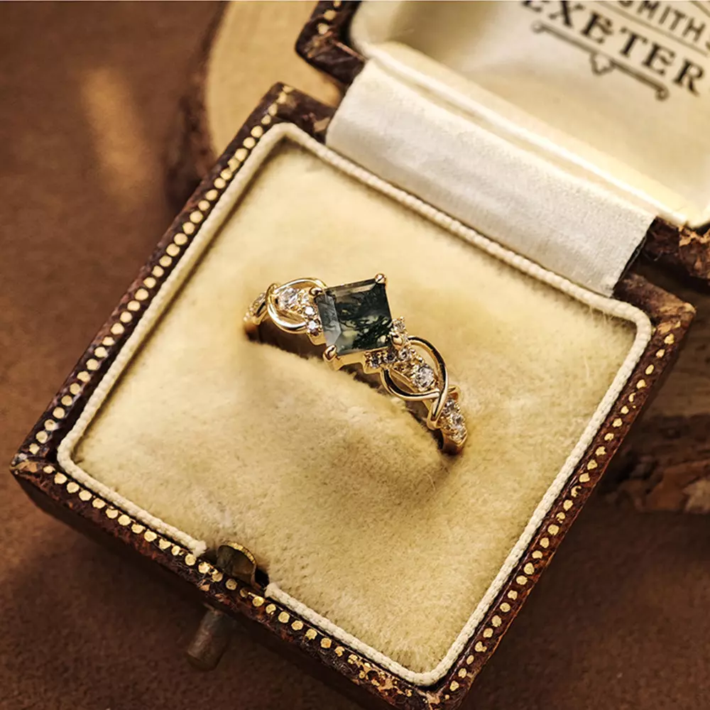 Square Watercress Agate S925 Silver Plated 14K Gold Vintage Ring