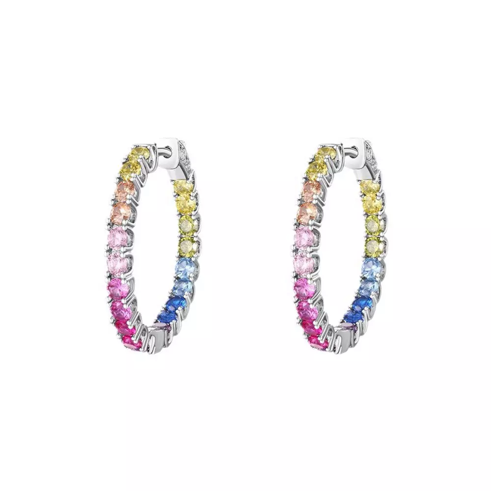 S925 Silver Full Colorful Rainbow Zirconia Earrings Hoops