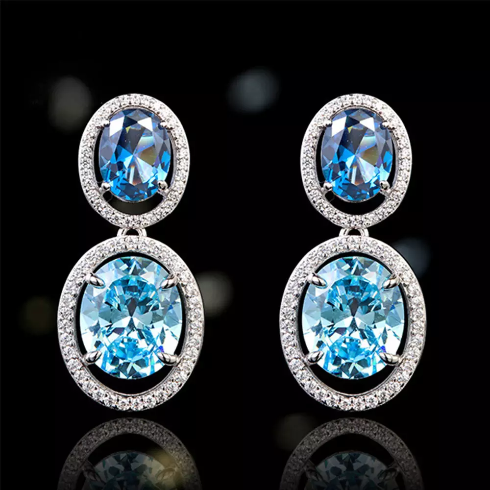 S925 Sterling Silver Ice Flower Cut Blue Crystal Earrings Earrings