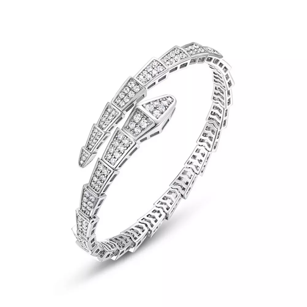 S925 Silver Full Set Zirconia Snake Open Bangle Bracelet Jewelry