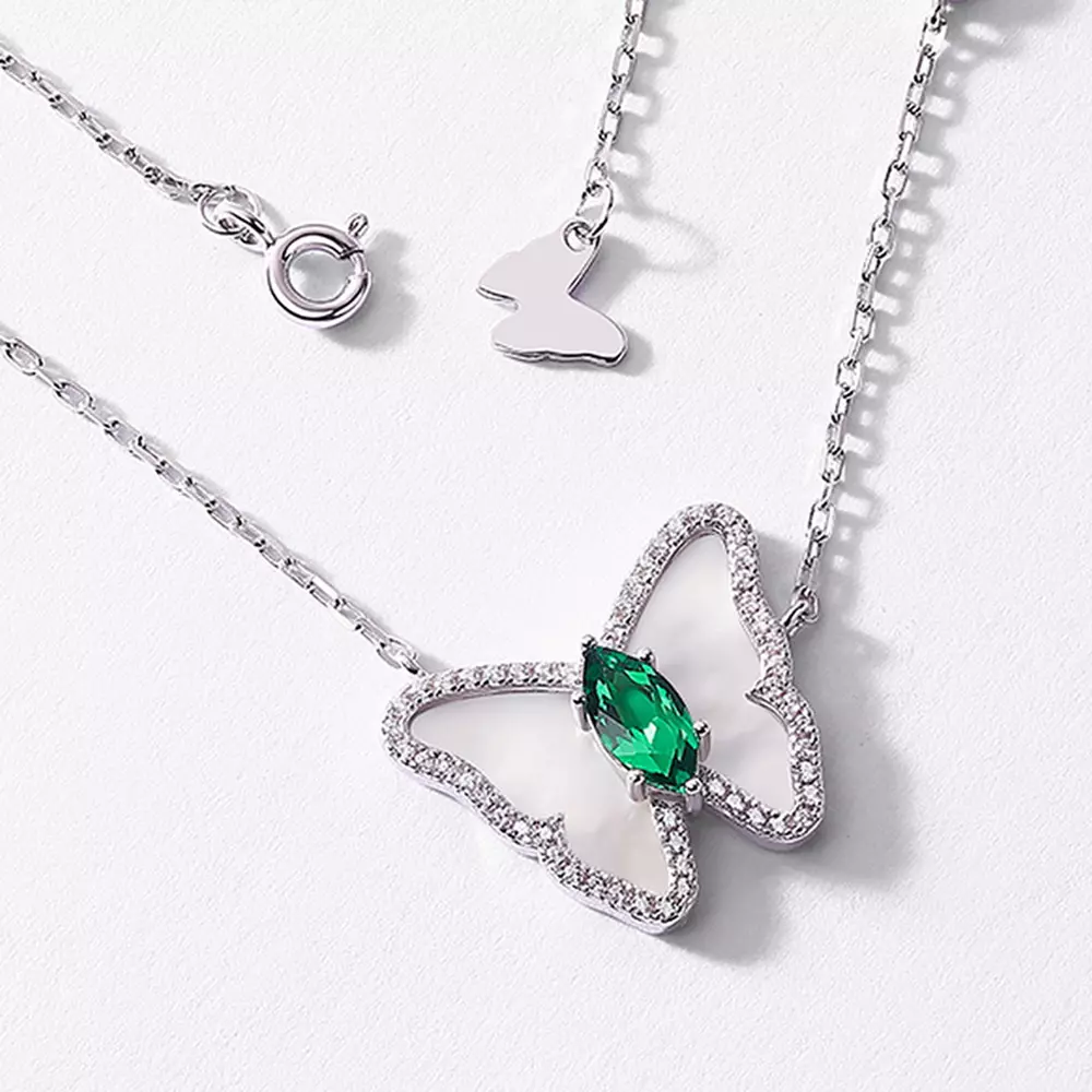 S925 Silver with Cultured Emerald White Shell Butterfly Fashion Necklace