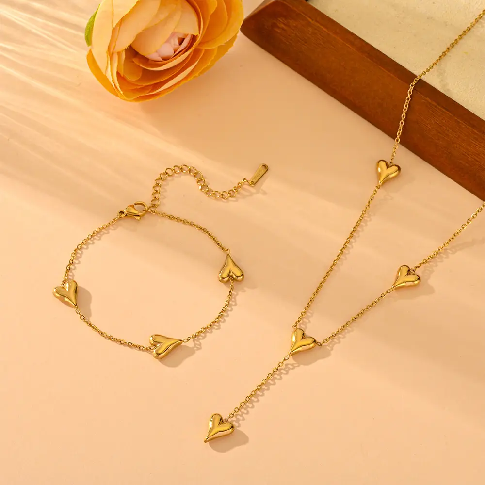 Stainless steel non-tarnish 18K steel beads charm anklet bracelet set