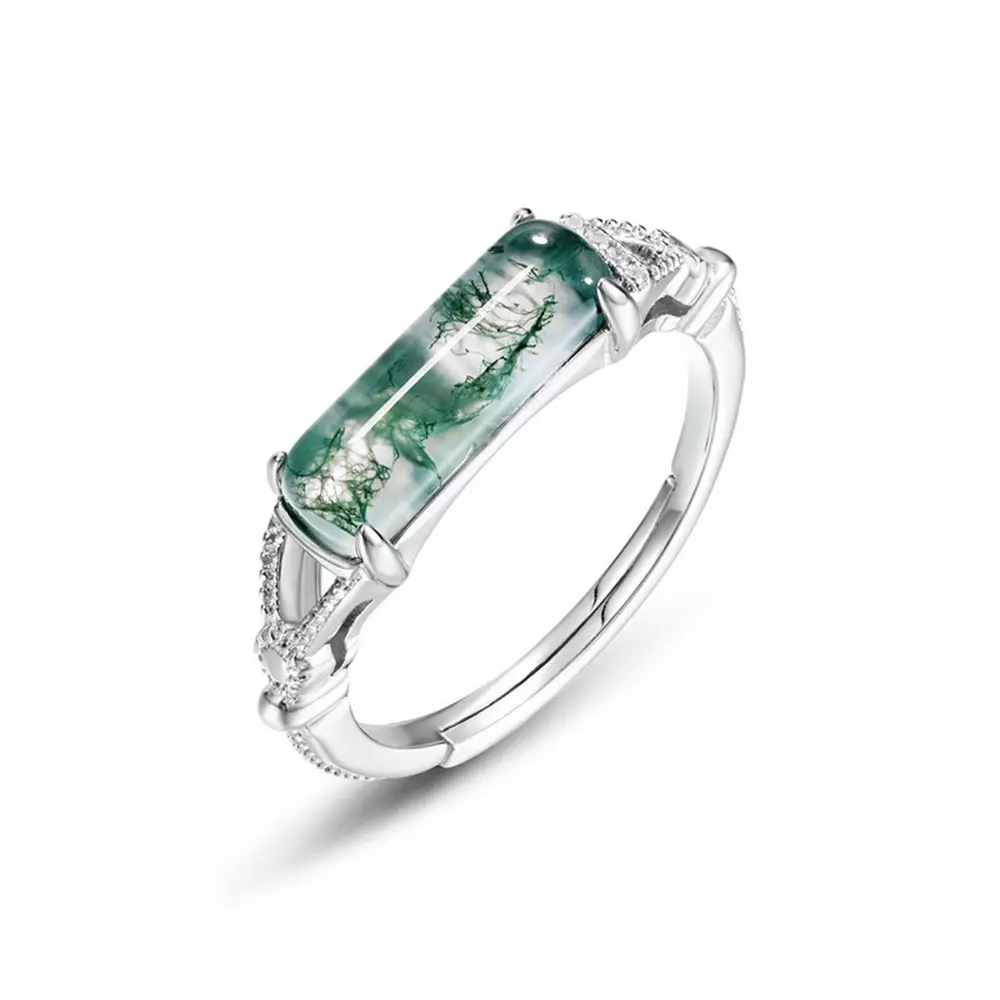 S925 sterling silver with aqua agate long natural green moss stone ring