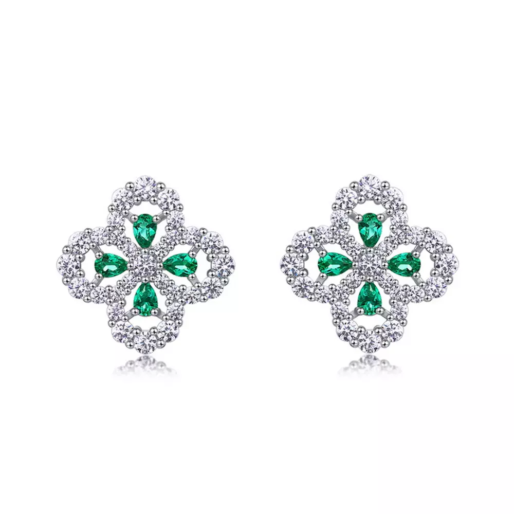 S925 Sterling Silver with Cultured Emerald Light Luxury Clover Earrings