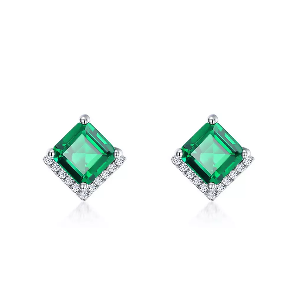 S925 Silver Cultured Emerald Stud Earrings for Women Earrings