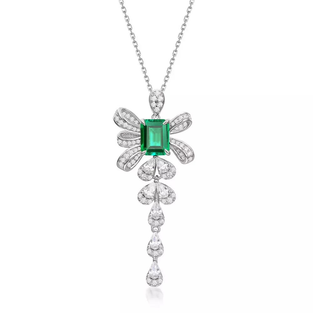 S925 Silver with Colored Jewel Cultured Emerald Bow Necklace