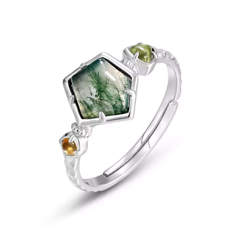 Natural Watercress Agate S925 Silver with Green Moss Stone Open End Ring