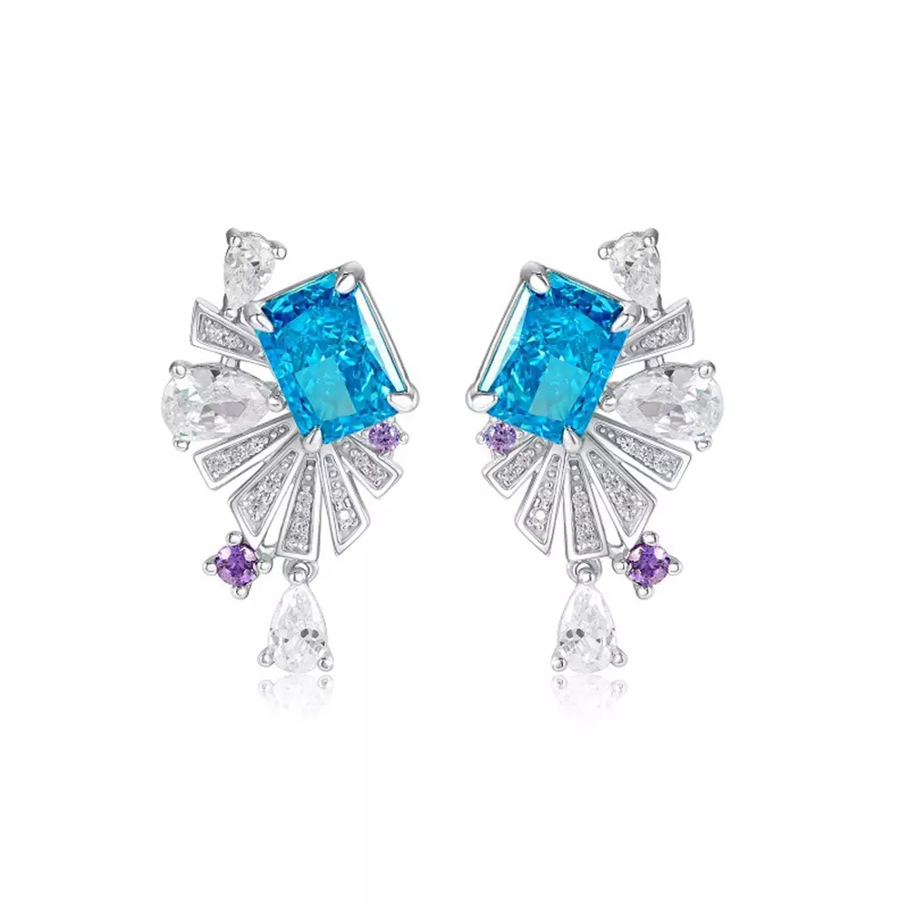 S925 Sterling Silver Geometric Square Diamonds High Carbon Earrings